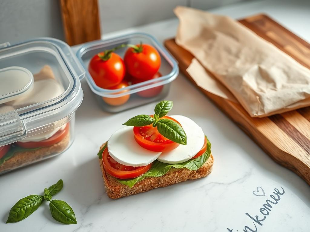 A Caprese sandwich with fresh mozzarella, ripe tomatoes, and basil leaves on a kitchen countertop. Surrounding it are storage options like an airtight container, parchment paper wrapping, and a rustic wooden cutting board, highlighted by soft natural lighting.

