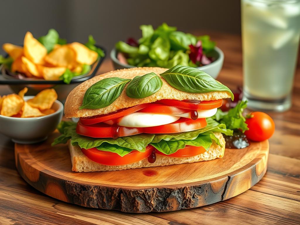 A beautifully arranged Panera Caprese Sandwich with fresh mozzarella, ripe tomatoes, and basil leaves, served on a rustic wooden board. Accompanied by a vibrant side of mixed greens with balsamic vinaigrette, kettle-cooked potato chips, and a frosty glass of lemonade, highlighted by soft natural lighting.

