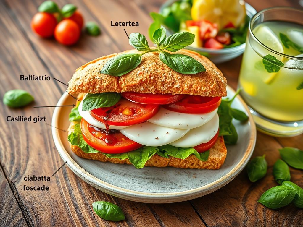 A beautifully arranged Panera Caprese sandwich on a rustic wooden table with layers of fresh mozzarella, ripe tomatoes, and vibrant basil leaves. Surrounding the sandwich are customization options, including pesto drizzle, balsamic glaze, ciabatta, and focaccia bread, alongside a colorful salad and a glass of lemonade. Natural lighting highlights the textures and vibrant colors.

