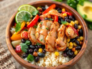 A vibrant chicken burrito bowl with grilled chicken, bell peppers, cilantro, lime wedges, cilantro-lime rice, black beans, corn, avocado slices, and creamy chipotle sauce, served in a rustic wooden bowl on a textured tablecloth.