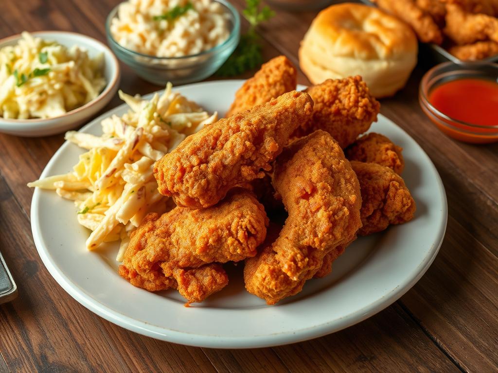 A plate of golden, crispy Maryland fried chicken with a crunchy coating, served with creamy coleslaw and a fluffy biscuit on a rustic wooden table, accompanied by fresh herbs and tangy dipping sauce.