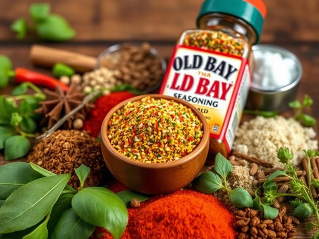 A vibrant display of spices and herbs featuring a small wooden bowl of Old Bay seasoning, surrounded by bay leaves, celery salt, and paprika on a rustic wooden background, evoking its Chesapeake Bay heritage.

