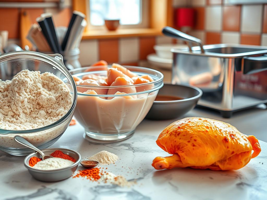 A vibrant kitchen scene showing the preparation of Maryland fried chicken, with marinated chicken in buttermilk, a bowl of seasoned flour, spices, a whisk, a frying pan, and a golden-brown chicken piece next to an old-fashioned deep fryer, all set in a warmly lit kitchen.

