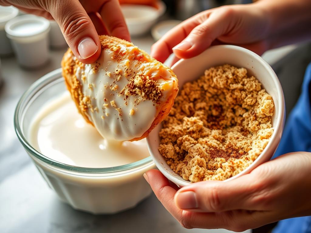 A close-up of a hand dipping a piece of chicken into seasoned buttermilk, with another hand holding a bowl of spiced breadcrumbs, highlighting the double-dipping technique in a bright kitchen with warm lighting.

