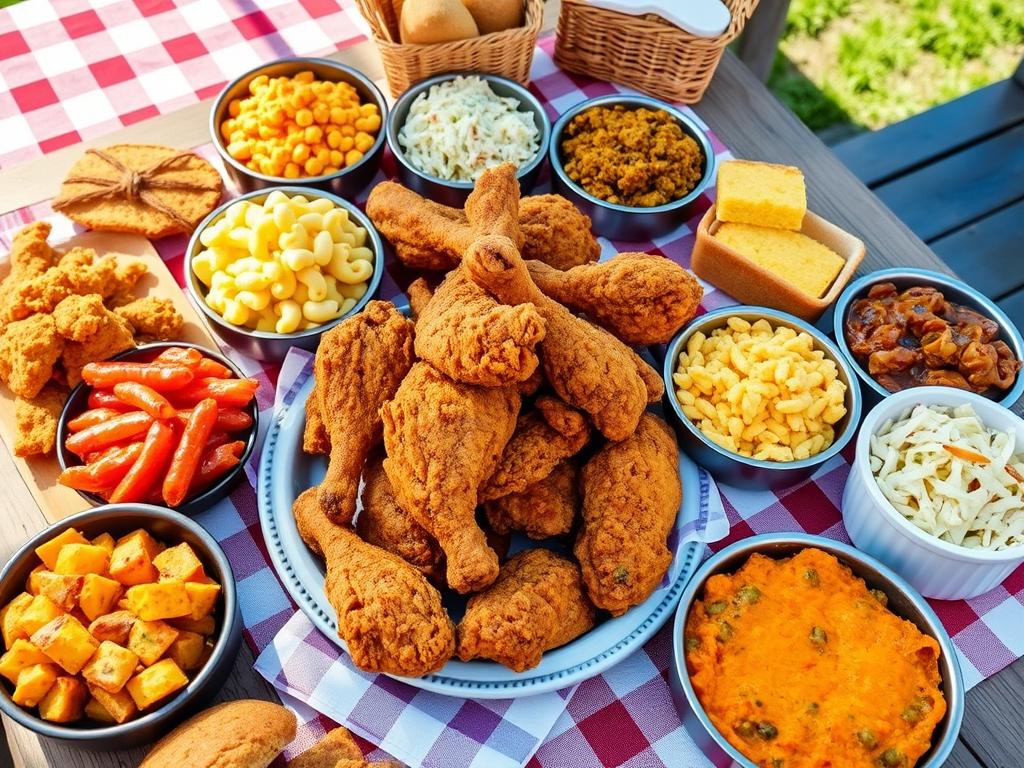 A vibrant Southern picnic spread with crispy fried chicken, creamy mac and cheese, buttery cornbread, tangy coleslaw, spicy collard greens, and sweet potato casserole, arranged on a rustic wooden table with a checkered tablecloth and a sunny outdoor backdrop.

