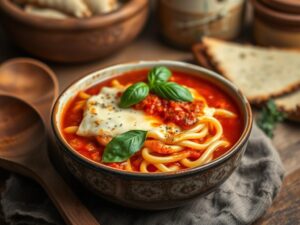 A warm bowl of lasagna soup with layers of pasta, melted cheese, tomato sauce, and fresh basil, surrounded by rustic wooden utensils in a softly lit kitchen.