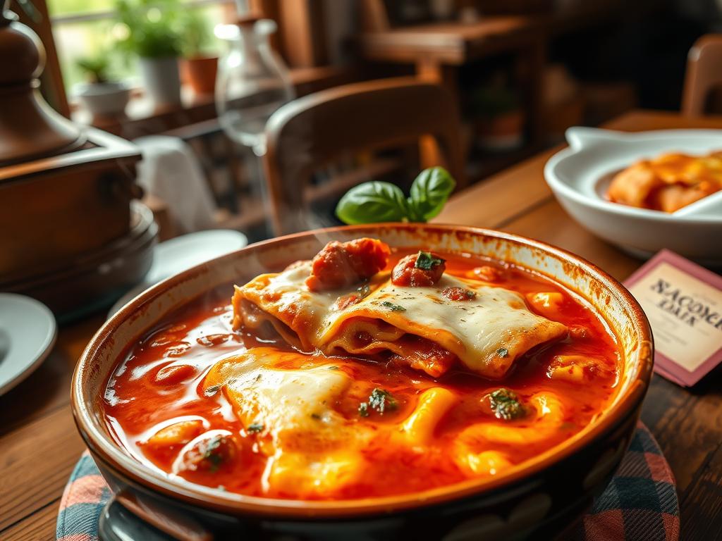 A steaming bowl of lasagna soup with rich melted cheese, vibrant tomato broth, pasta chunks, and fresh basil, surrounded by rustic wooden table settings in warm, cozy lighting.