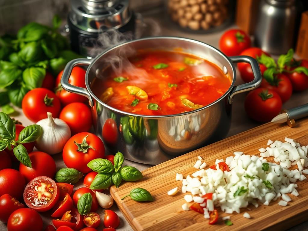 A pot of simmering tomato basil broth with steam rising, surrounded by chopped tomatoes, fresh basil, garlic cloves, and diced onions on a wooden cutting board in warm lighting.