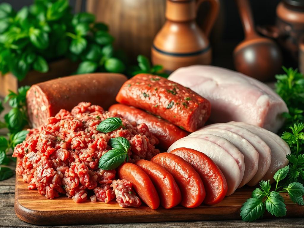 A selection of raw meats for lasagna soup: ground beef, Italian sausage, and turkey, arranged on a wooden cutting board with fresh basil and parsley, rustic utensils, and warm lighting.