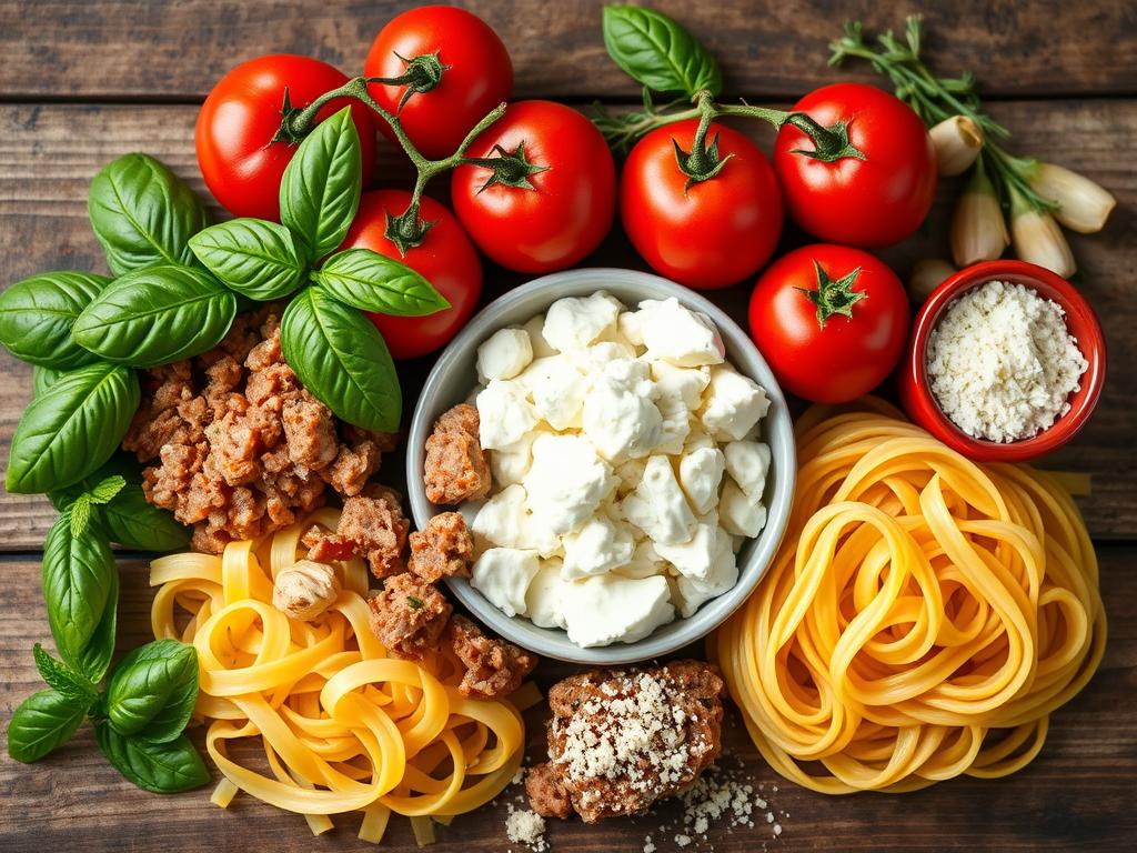 A vibrant arrangement of lasagna soup ingredients: fresh basil, plump tomatoes, golden garlic, Italian sausage, ricotta and mozzarella cheese, spiraled pasta, Parmesan, and herbs on a rustic wooden background.