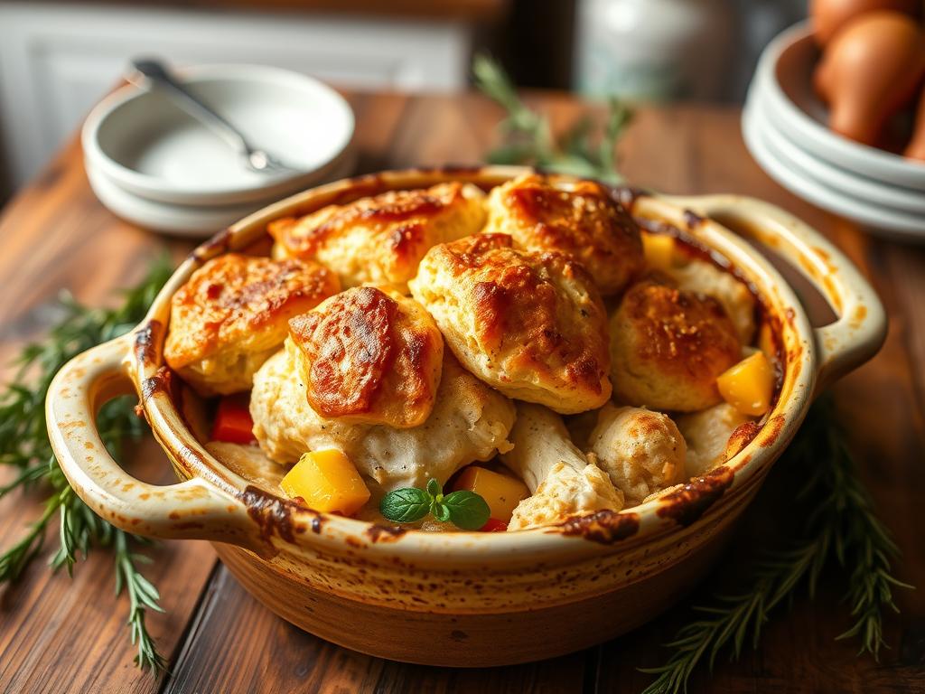 A warm chicken cobbler in a rustic ceramic dish, topped with a flaky biscuit crust, surrounded by rosemary, thyme, and colorful vegetables on a wooden table in a cozy kitchen.