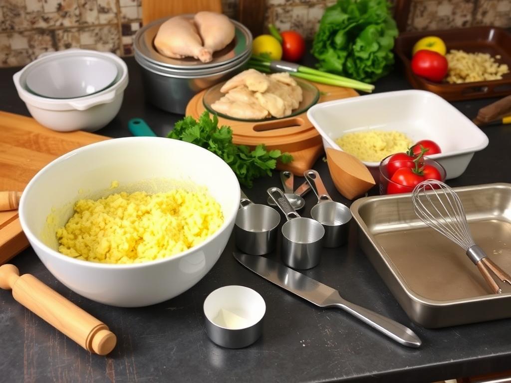 A collection of kitchen tools for Chicken Cobbler: mixing bowl, rolling pin, measuring cups, chef's knife, cutting board, baking dish, and whisk, with fresh ingredients in the background.