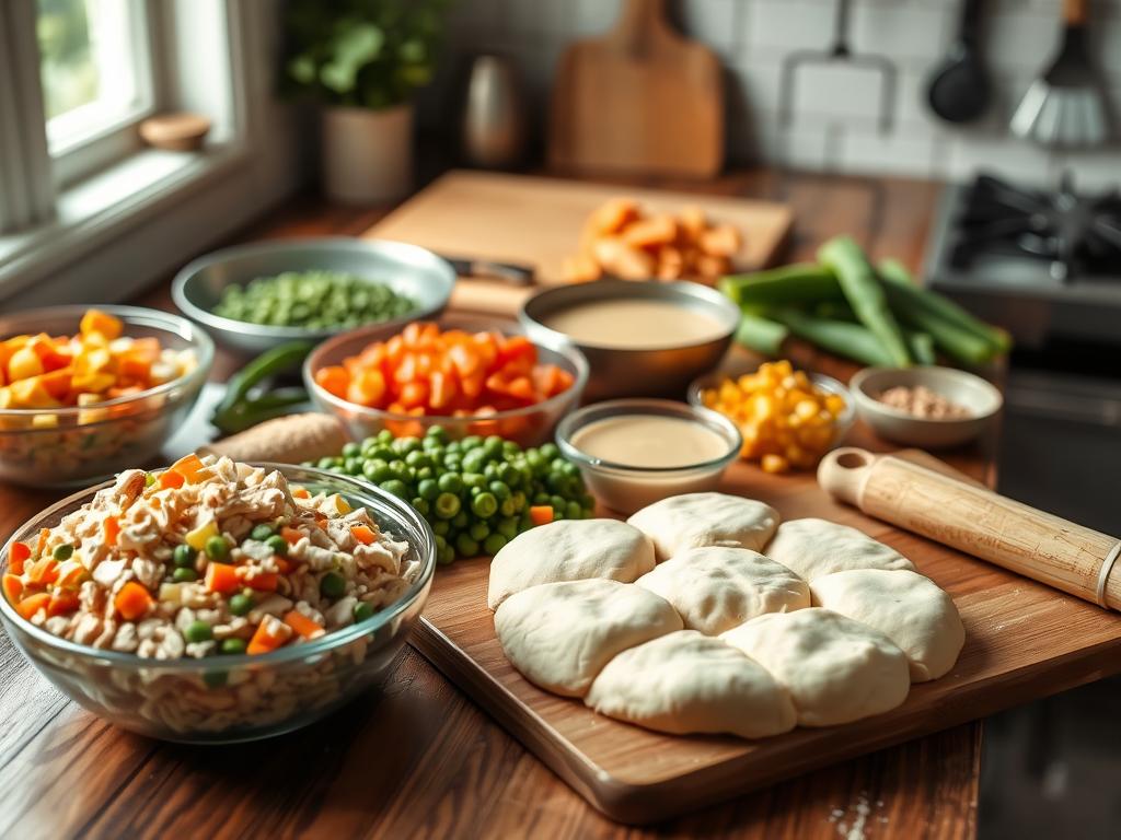 A rustic kitchen countertop with diced cooked chicken, colorful chopped vegetables, creamy sauce, and biscuit dough, surrounded by utensils and a wooden cutting board, lit by soft natural light.