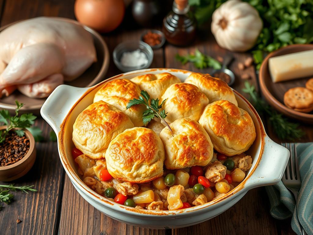 A beautifully presented chicken cobbler with golden, flaky biscuit topping, savory chicken and vegetable filling, garnished with fresh herbs on a rustic wooden table with cooking ingredients nearby.