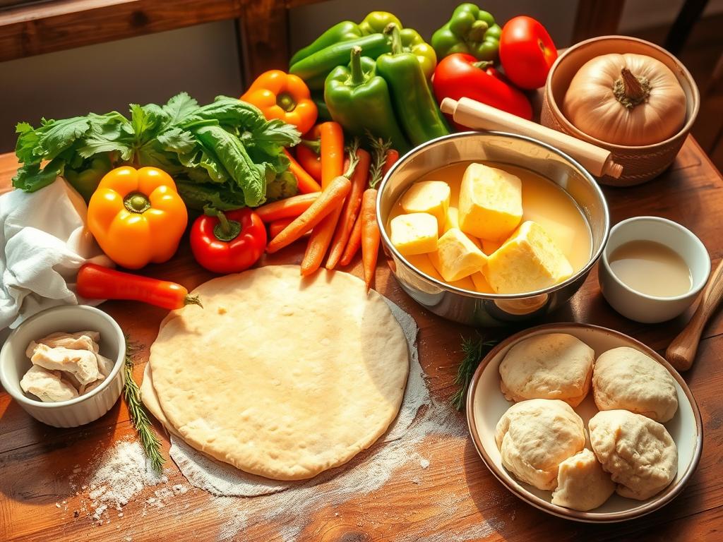 A rustic wooden table with vibrant ingredients for Southern Chicken Cobbler: colorful vegetables, biscuit dough, tender chicken, creamy broth, fresh herbs, and spices, bathed in warm sunlight.