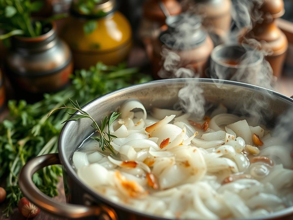 Close-up of a pot of boiling onions with steam rising, surrounded by fresh herbs and spices in a rustic kitchen setting with warm lighting.