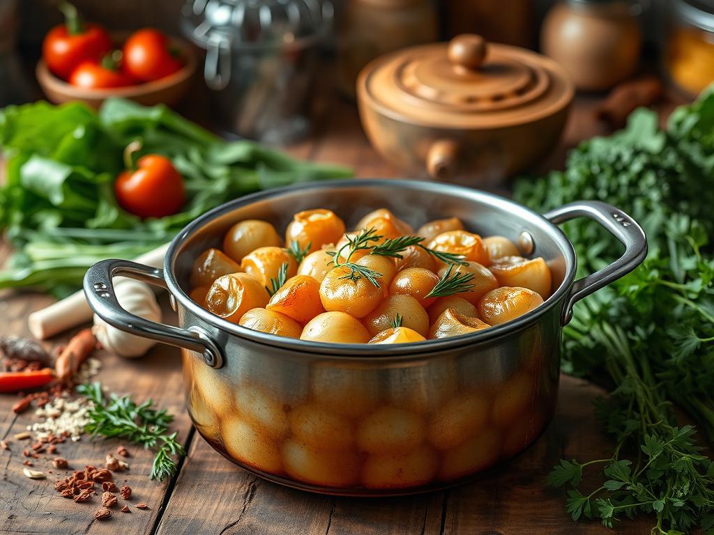 Close-up of a pot of boiling onions, part of an onion boil recipe, with steam rising, surrounded by fresh herbs and spices in a rustic kitchen setting with warm lighting.