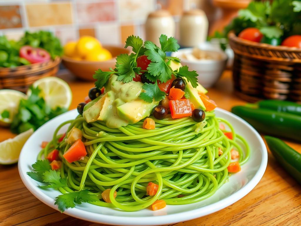 Plate of vibrant green spaghetti with fresh vegetables, cilantro, creamy avocado sauce, lime wedges, and jalapeños, in a rustic Mexican kitchen setting.