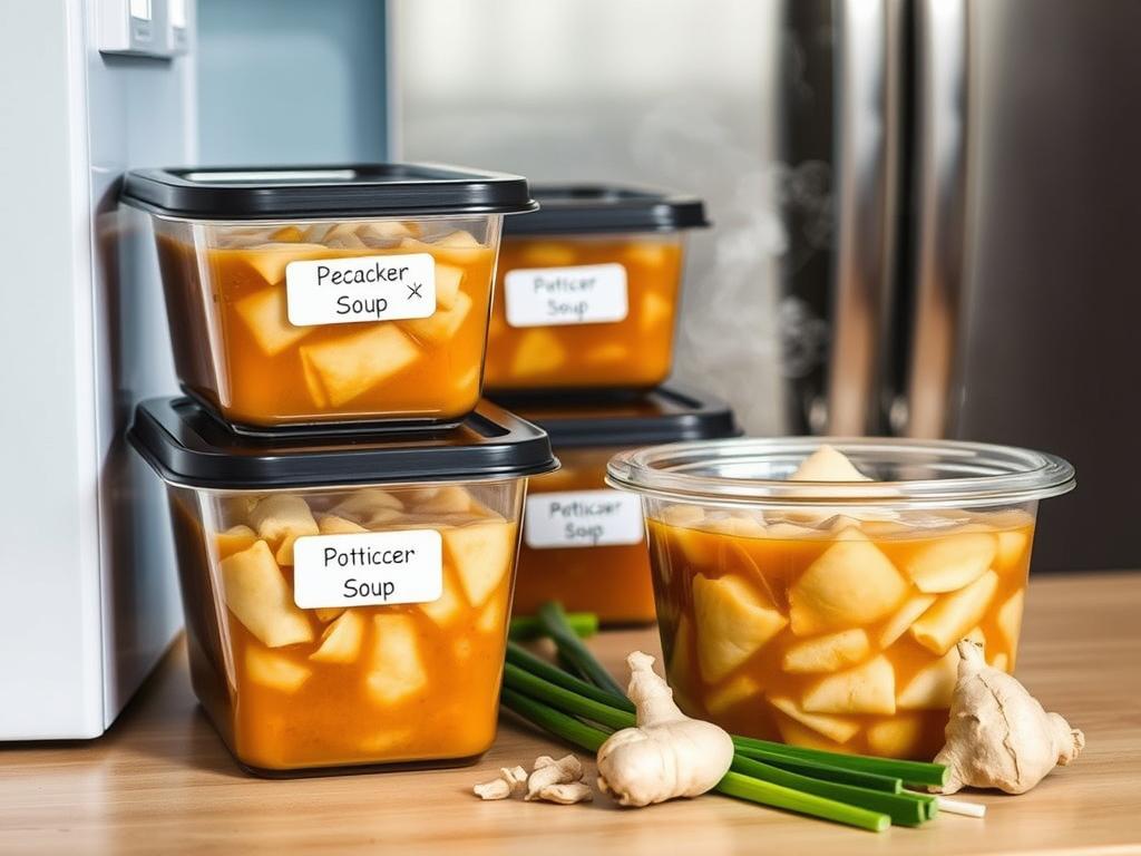 Organized kitchen scene with Potsticker Soup in labeled clear meal prep containers, steam rising gently, accompanied by fresh green onions and ginger, with a slightly open refrigerator door in the background for a fresh and comforting ambiance.