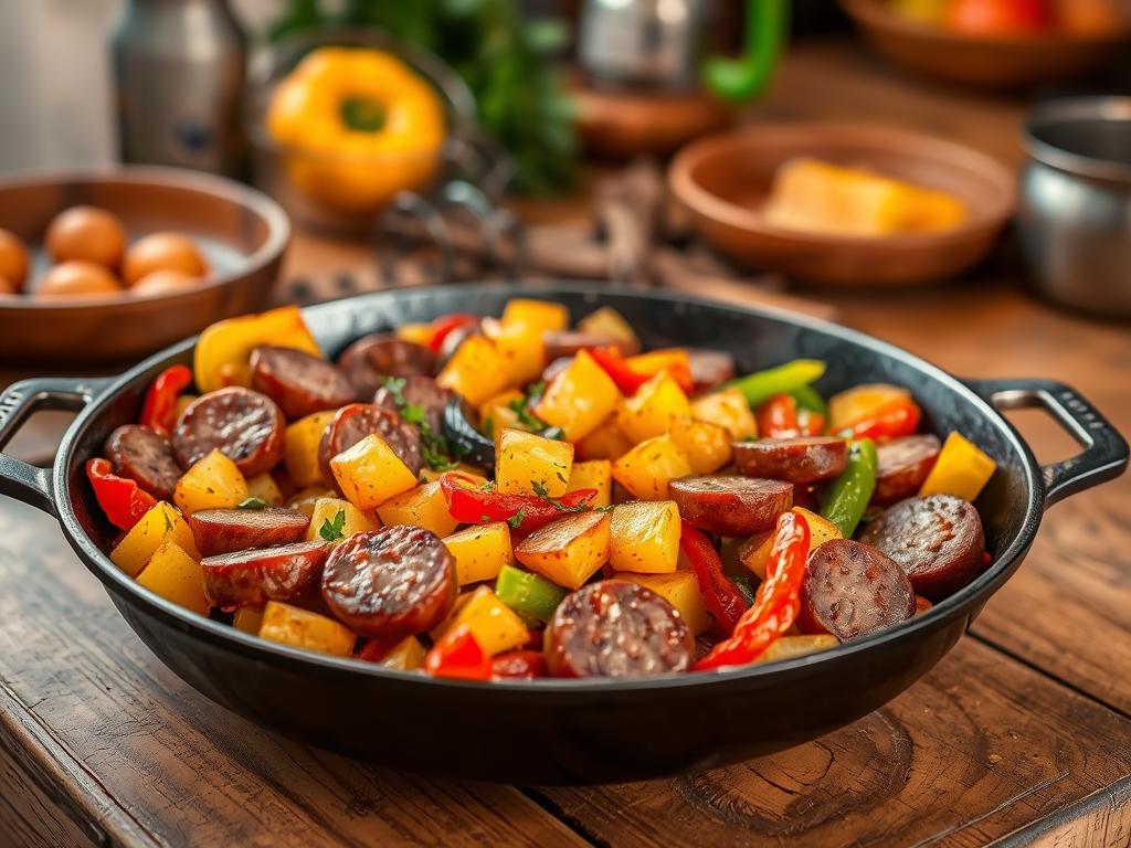 Smoked sausage, diced potatoes, and bell peppers sizzling in a skillet with fresh herbs on top, set on a rustic wooden table with a cozy kitchen background.