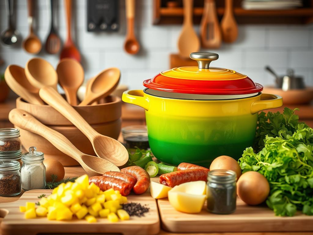 Essential tools for one-pot meals: colorful Dutch oven, wooden spoons, mixing bowl, cutting board with chopped vegetables, smoked sausage, potatoes, and spices, set in a cozy kitchen with warm lighting.