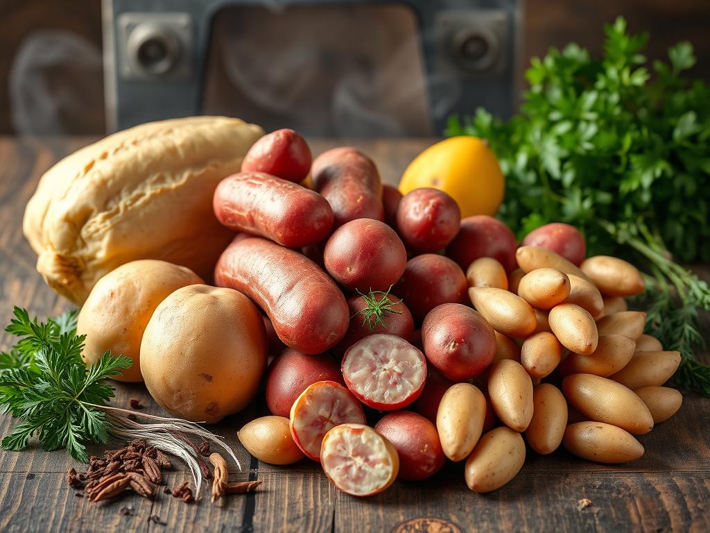 Variety of potatoes for smoked sausage dish: Yukon Gold, red potatoes, and fingerling potatoes, surrounded by fresh herbs and spices on a rustic wooden table with a smoky ambiance.