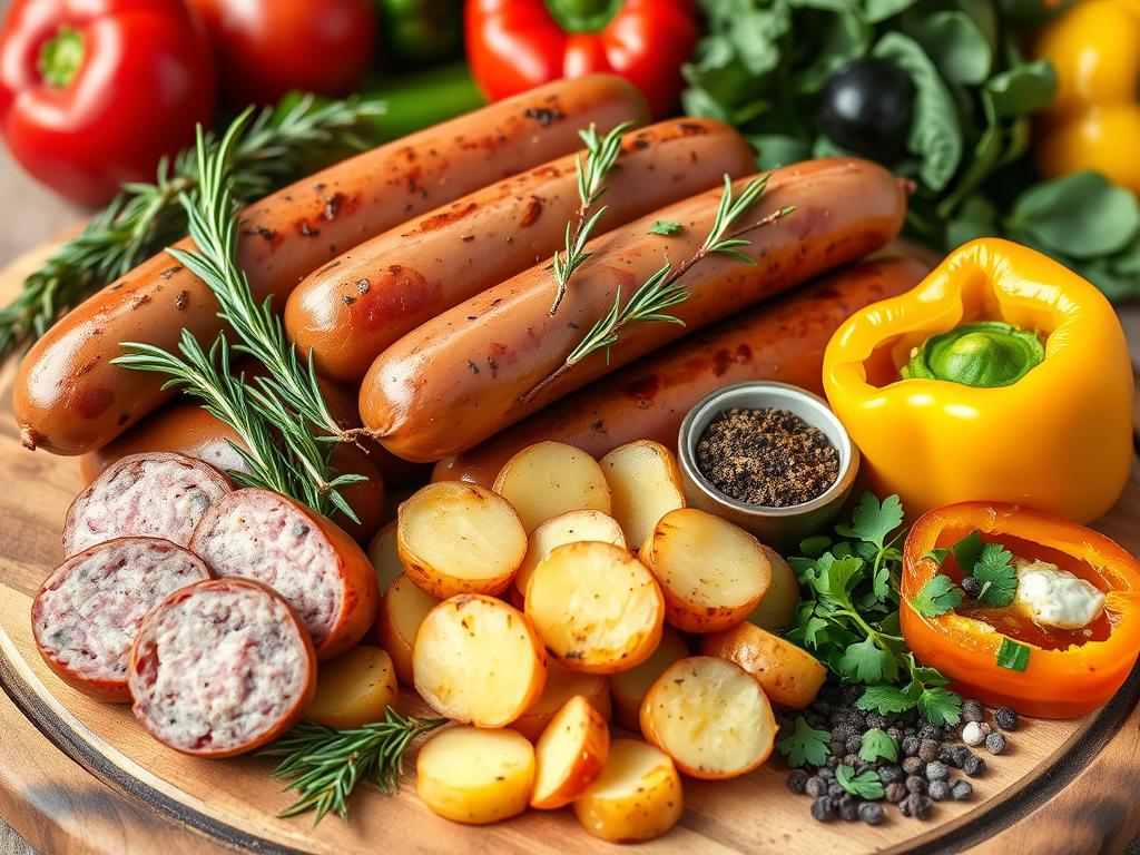 Essential ingredients for smoked sausage and potatoes: smoked sausages, roasted potatoes, fresh rosemary, thyme, sliced bell peppers, paprika, and black pepper on a rustic wooden cutting board with fresh vegetables in the background.