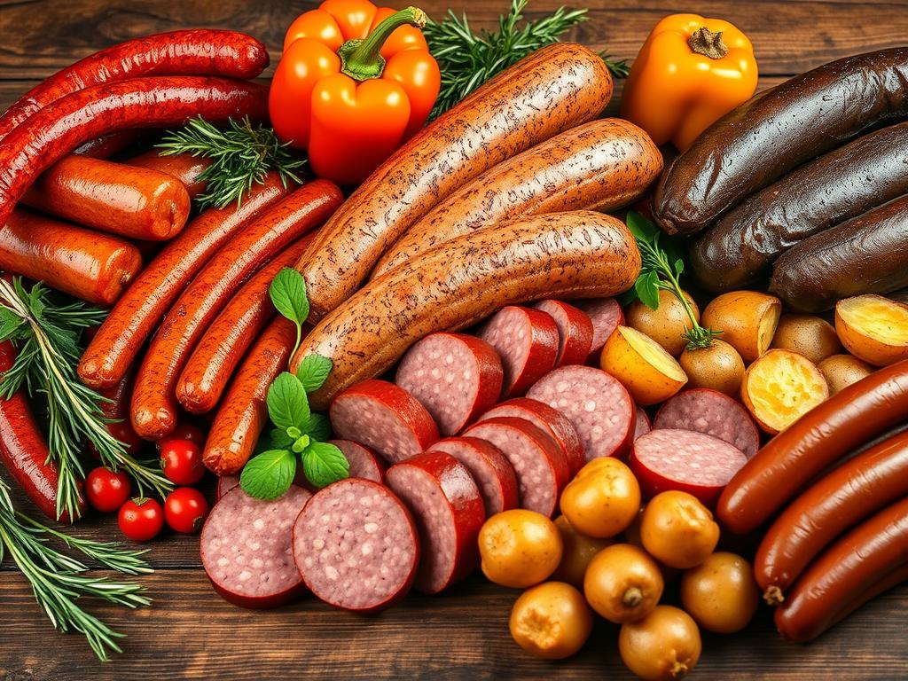 Variety of smoked sausages including chorizo, kielbasa, and Italian sausage, surrounded by fresh herbs, bell peppers, and roasted potatoes on a rustic wooden table with warm lighting.