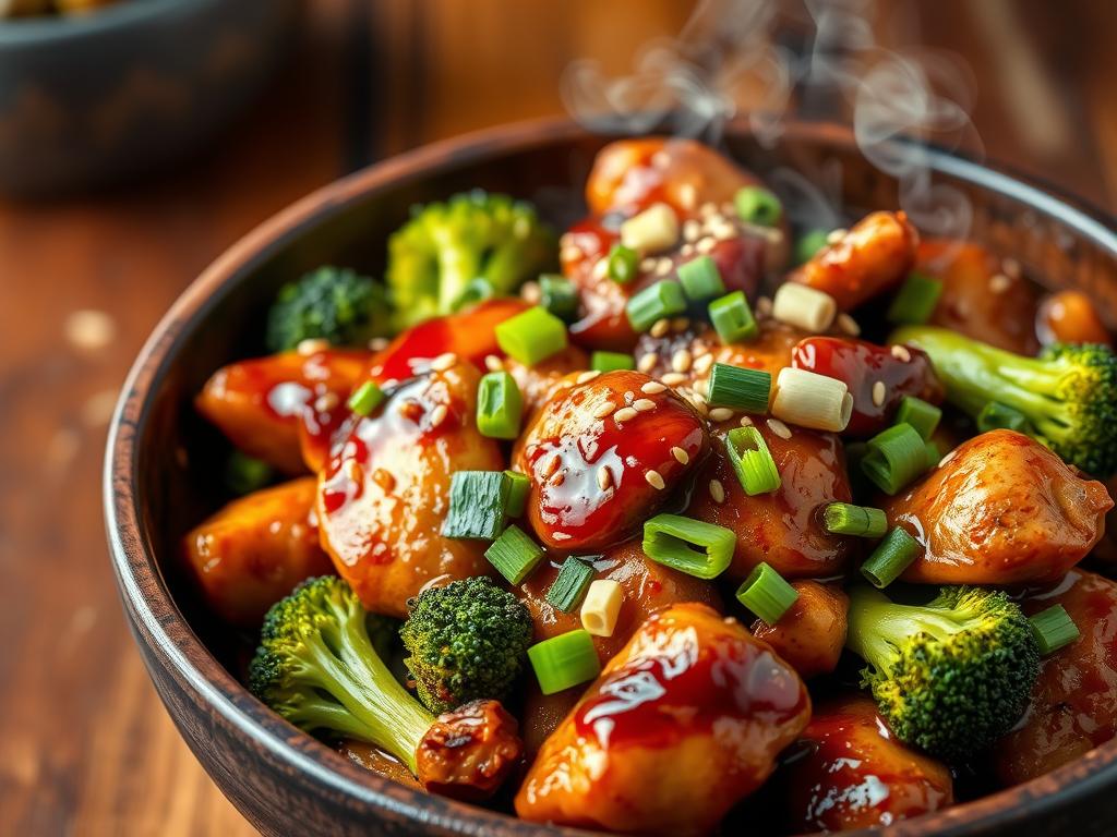 Sizzling teriyaki chicken and broccoli stir-fry with caramelized chicken pieces, glossy teriyaki sauce, fresh broccoli florets, sesame seeds, and green onions, served in a rustic bowl.