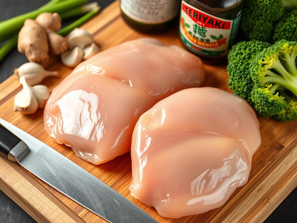 Raw chicken breasts on a wooden cutting board with fresh ginger, garlic cloves, teriyaki sauce, broccoli florets, and a chef's knife, preparing for a flavorful teriyaki dish.