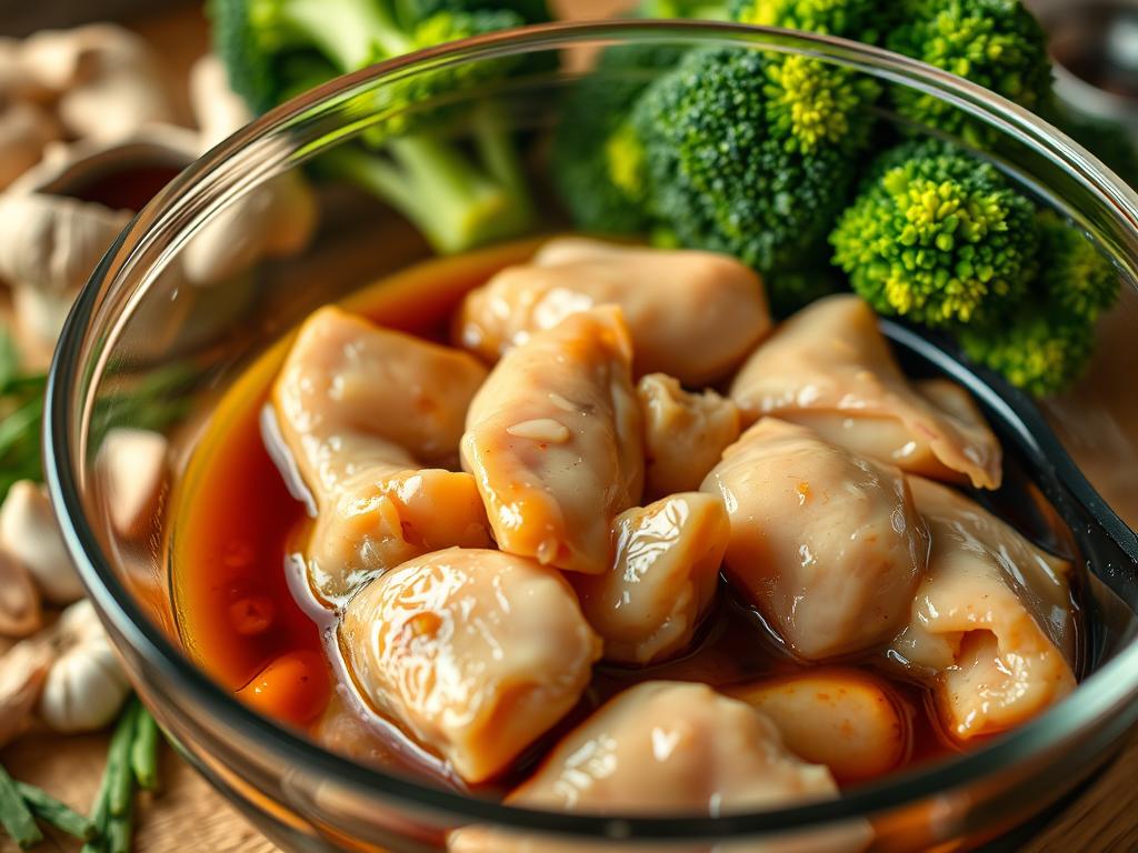 Chicken pieces marinating in a glossy bowl with ginger, garlic, soy sauce, and broccoli florets, under warm kitchen lighting highlighting textures and colors.