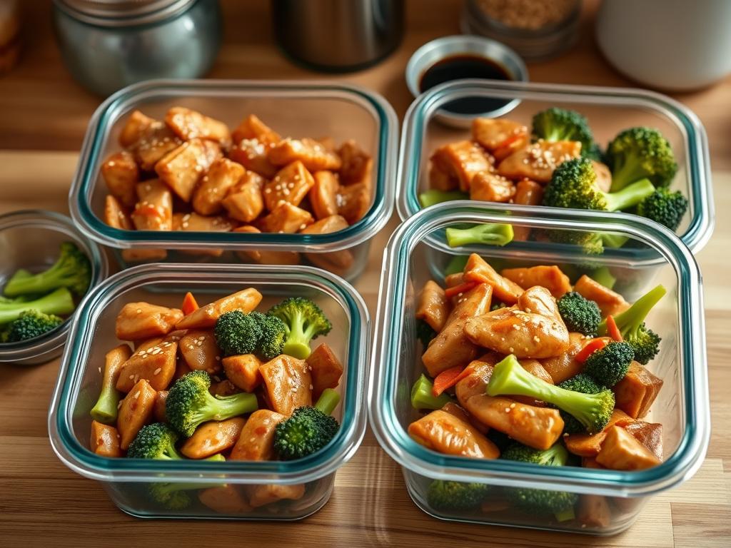 Meal prep scene with Teriyaki chicken and broccoli in airtight glass containers, fresh vegetables, sesame seeds, and soy sauce on a wooden countertop with soft natural lighting.