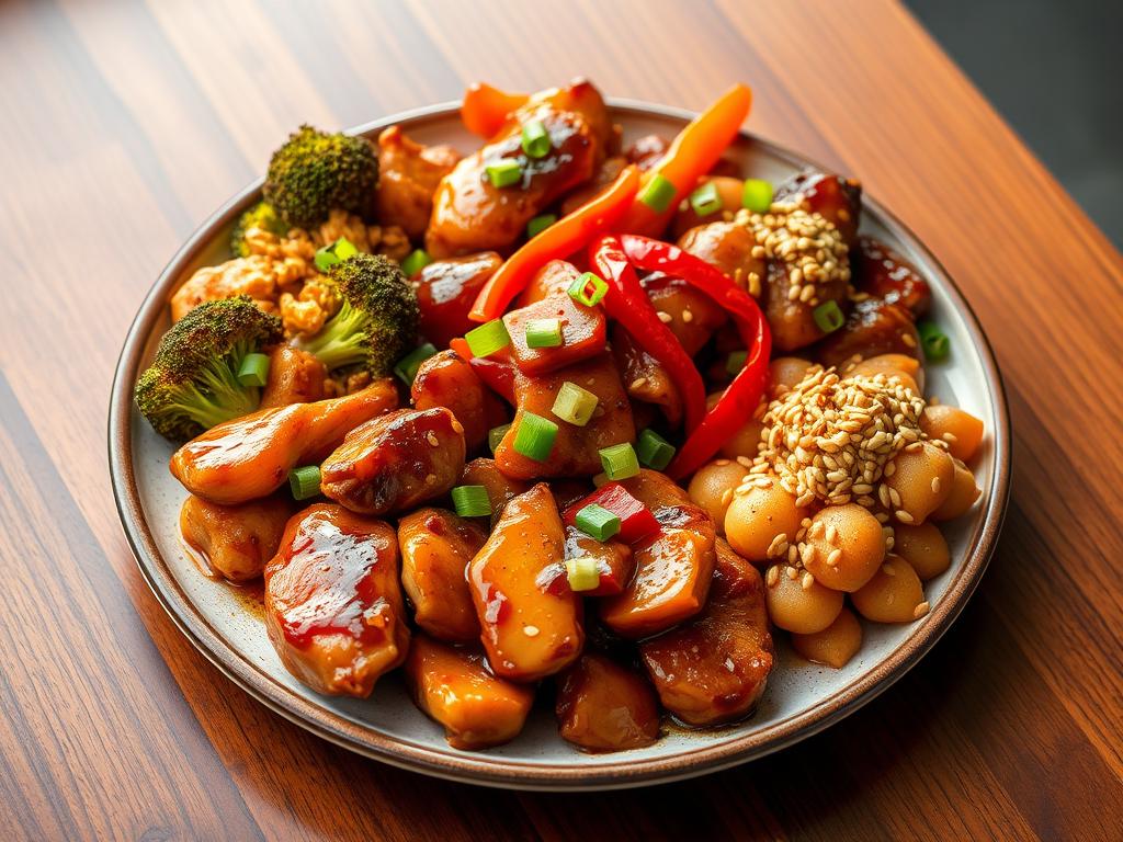 Vibrant plate of three teriyaki chicken variations: classic with crispy broccoli, spicy ginger with bell peppers, and honey sesame with toasted sesame seeds, garnished with green onions on a wooden table.