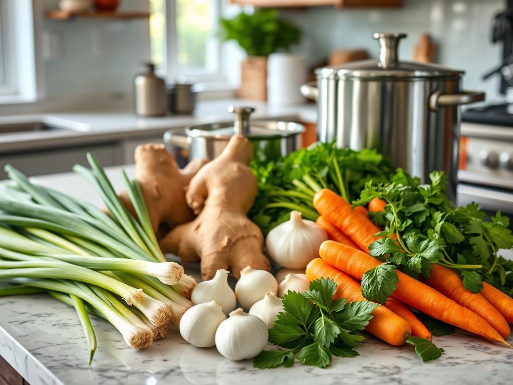 Elegant kitchen counter displaying ingredients for broth preparation, including scallions, ginger, garlic, carrots, cilantro, and basil, with kitchen pots and utensils under soft morning light.