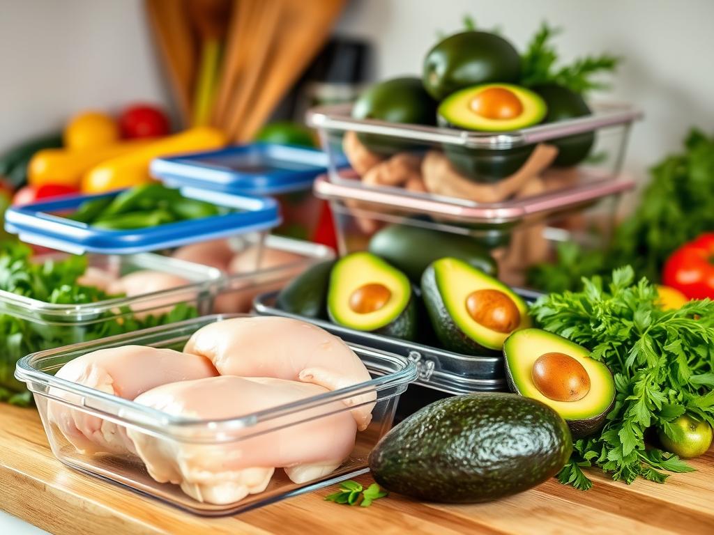  Fresh chicken breasts and ripe avocados stored in glass containers, with green herbs and colorful vegetables on a wooden countertop, illuminated by soft morning light.