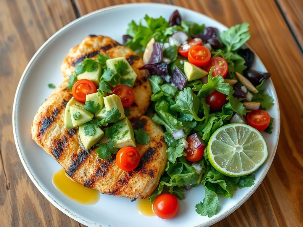  Grilled chicken slices topped with creamy avocado chunks, garnished with cilantro and cherry tomatoes, served with a mixed greens salad and zesty lime vinaigrette on a rustic wooden table.