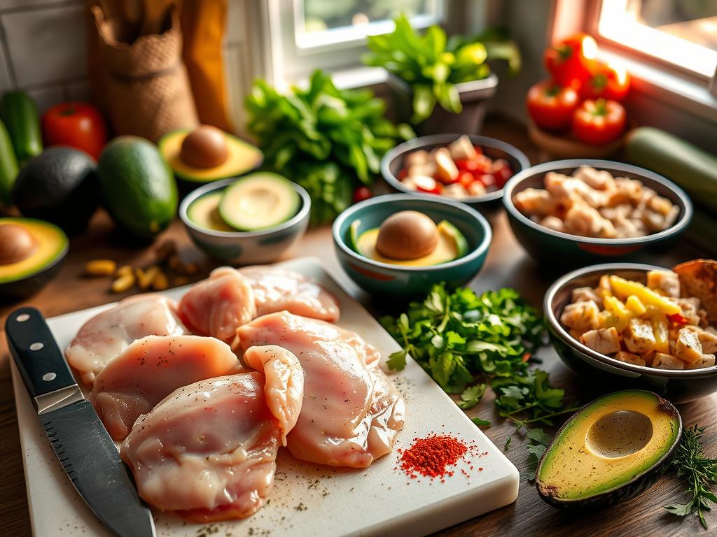 Raw chicken fillets and ripe avocados with herbs and spices on a cutting board, bowls of diced avocados and seasoned chicken, fresh tomatoes and cucumbers, with sunlight streaming through a window.