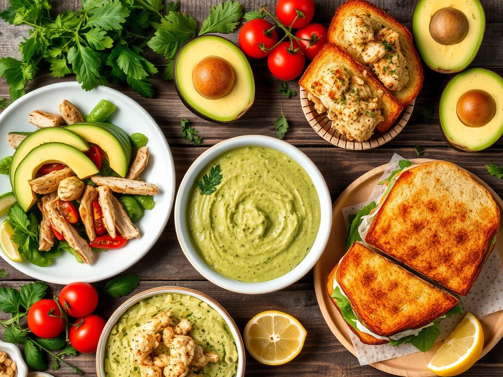 A vibrant spread of chicken and avocado dishes, including grilled chicken salad with sliced avocado, creamy avocado chicken dip with tortilla chips, and a toasted chicken avocado sandwich, all served with fresh herbs, cherry tomatoes, and lemon wedges.