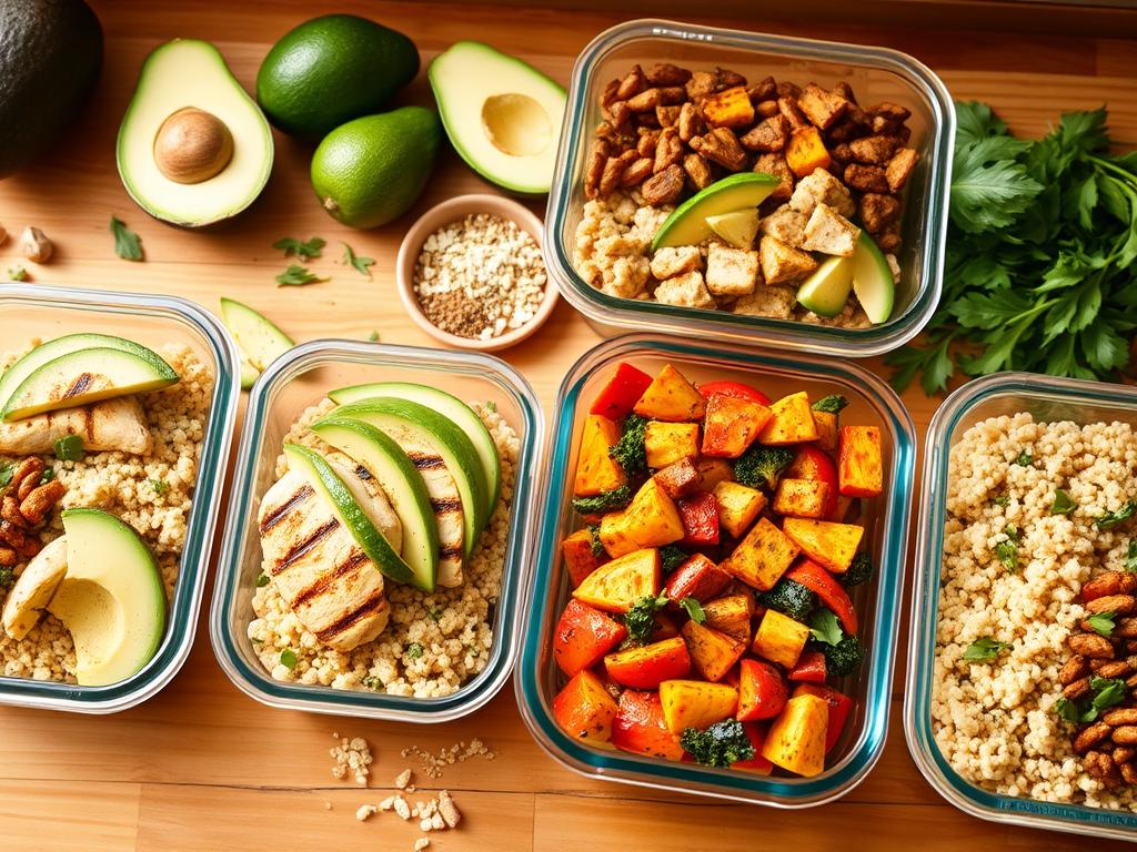 Meal prep containers with grilled chicken breast, sliced avocado, quinoa, and roasted vegetables, set on a wooden countertop with fresh ingredients like whole avocados, herbs, and spices.