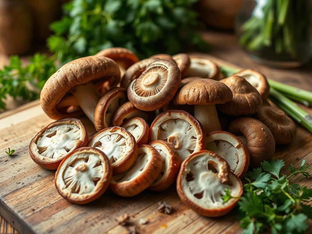 Close-up of freshly sliced shiitake mushrooms on a wooden cutting board, surrounded by green herbs in a rustic kitchen illuminated by soft natural light.