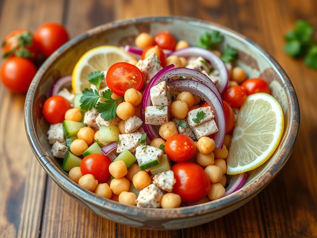 Fresh tuna and chickpea salad with cherry tomatoes, cucumbers, red onions, olive oil, lemon juice, parsley, and black pepper in a rustic bowl, set on a wooden table.