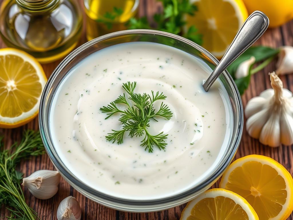 Creamy Mediterranean salad dressing with olive oil, lemon wedges, garlic cloves, and fresh herbs like parsley and dill, set on a rustic wooden backdrop with a small spoon beside the bowl.