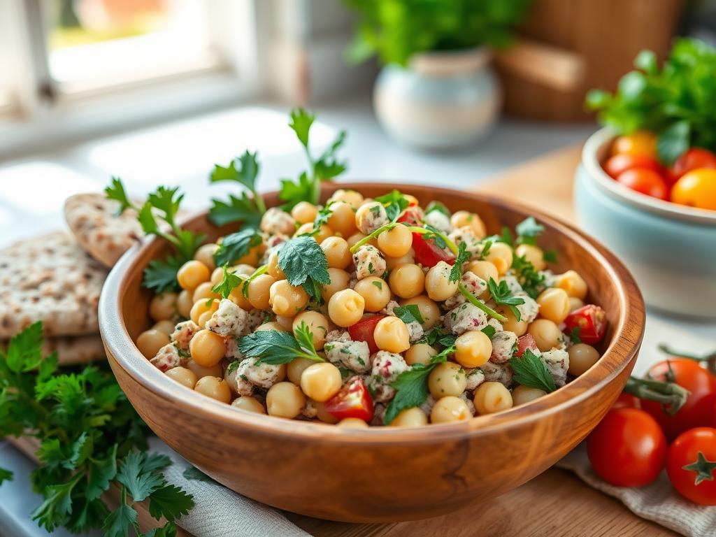 Vibrant tuna chickpea salad meal prep with fresh greens, cherry tomatoes, avocado slices, canned tuna, cooked chickpeas, and olive oil drizzle, set on a wooden countertop with fresh herbs and lemon wedges.