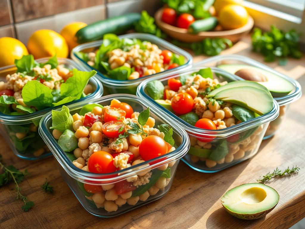 Vibrant tuna chickpea salad meal prep with fresh greens, cherry tomatoes, avocado slices, canned tuna, cooked chickpeas, and olive oil drizzle, set on a wooden countertop with fresh herbs and lemon wedges.