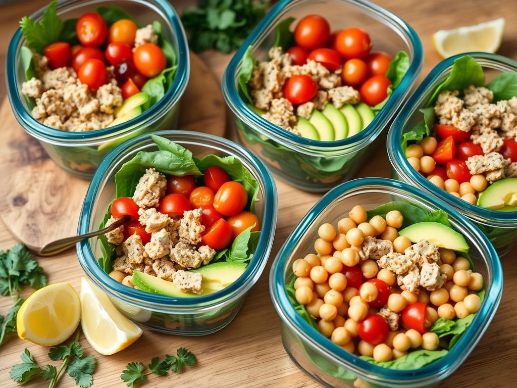 Vibrant tuna chickpea salad meal prep with fresh greens, cherry tomatoes, avocado slices, canned tuna, cooked chickpeas, and olive oil drizzle, set on a wooden countertop with fresh herbs and lemon wedges.