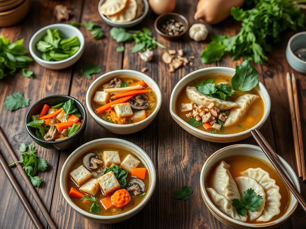 Cozy kitchen scene with vegan potsticker soup bowls filled with bok choy, carrots, mushrooms, tofu, and spinach dumplings, set on a rustic wooden table with chopsticks and fresh herbs under warm lighting.