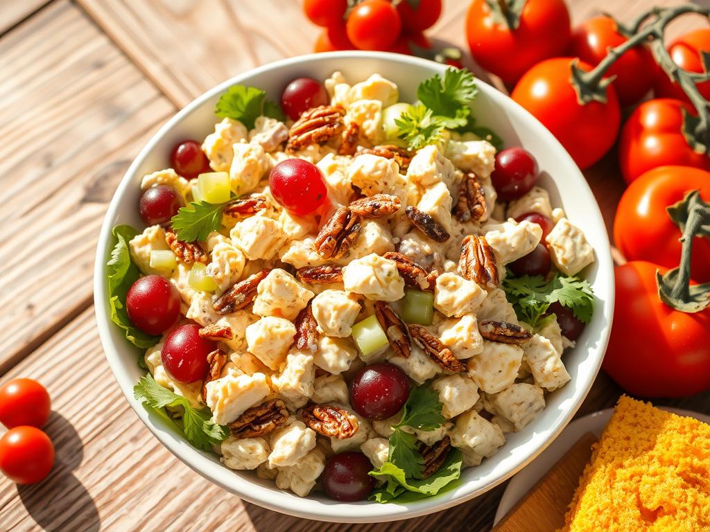 Southern chicken salad with tender chicken, celery, red grapes, and pecans in creamy dressing, garnished with parsley, served with heirloom tomatoes and cornbread.