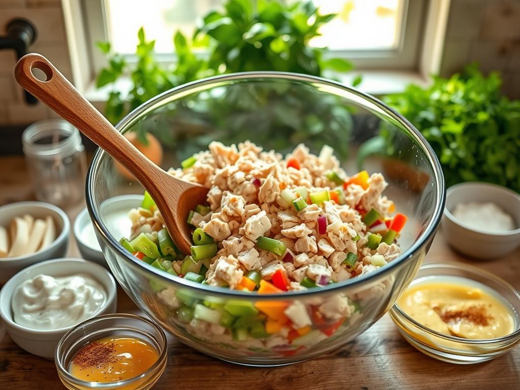 Vibrant kitchen scene with a glass bowl of Southern chicken salad ingredients: diced chicken, celery, onions, bell peppers, and a wooden spoon. Surrounding bowls of mayonnaise, mustard, and spices, with fresh herbs and natural sunlight.