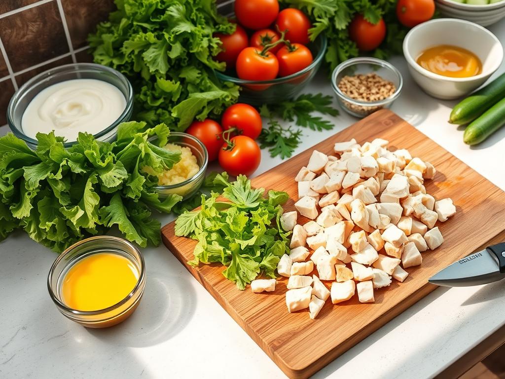 Wooden cutting board with diced chicken breasts, fresh lettuce, tomatoes, cucumbers, and bowls of mayonnaise, mustard, and seasonings for chicken salad prep, surrounded by colorful herbs and natural light.