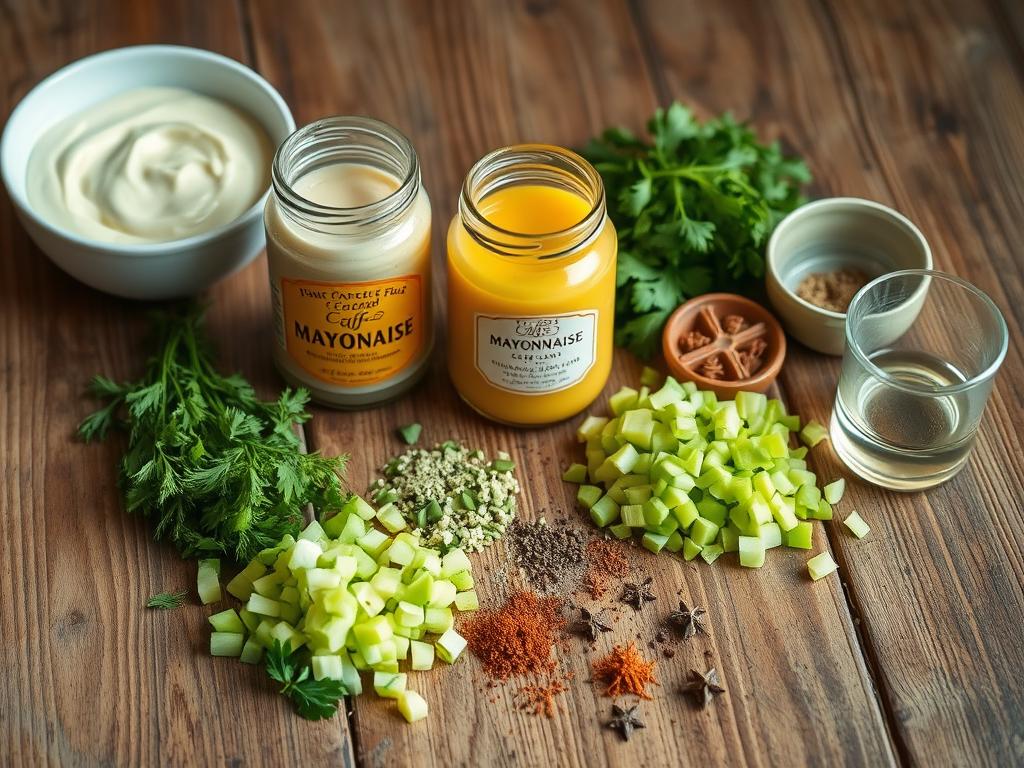 Rustic wooden table with Southern chicken salad dressing ingredients: creamy mayonnaise, tangy mustard, diced pickles, chopped celery, fresh dill, spices, and lemon juice, illuminated by soft natural light.